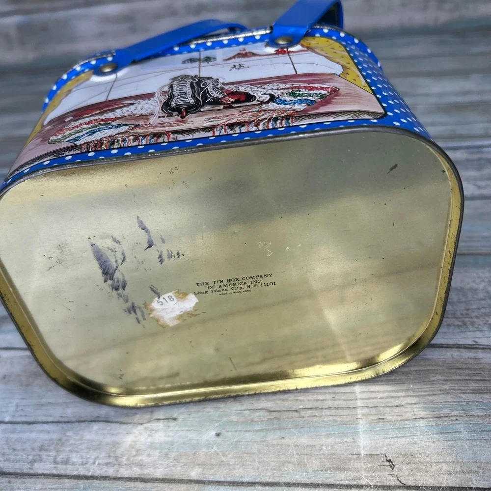 Vintage Tin Box Co. Christmas Container Tin with Handles Skate Winter Box Sewing